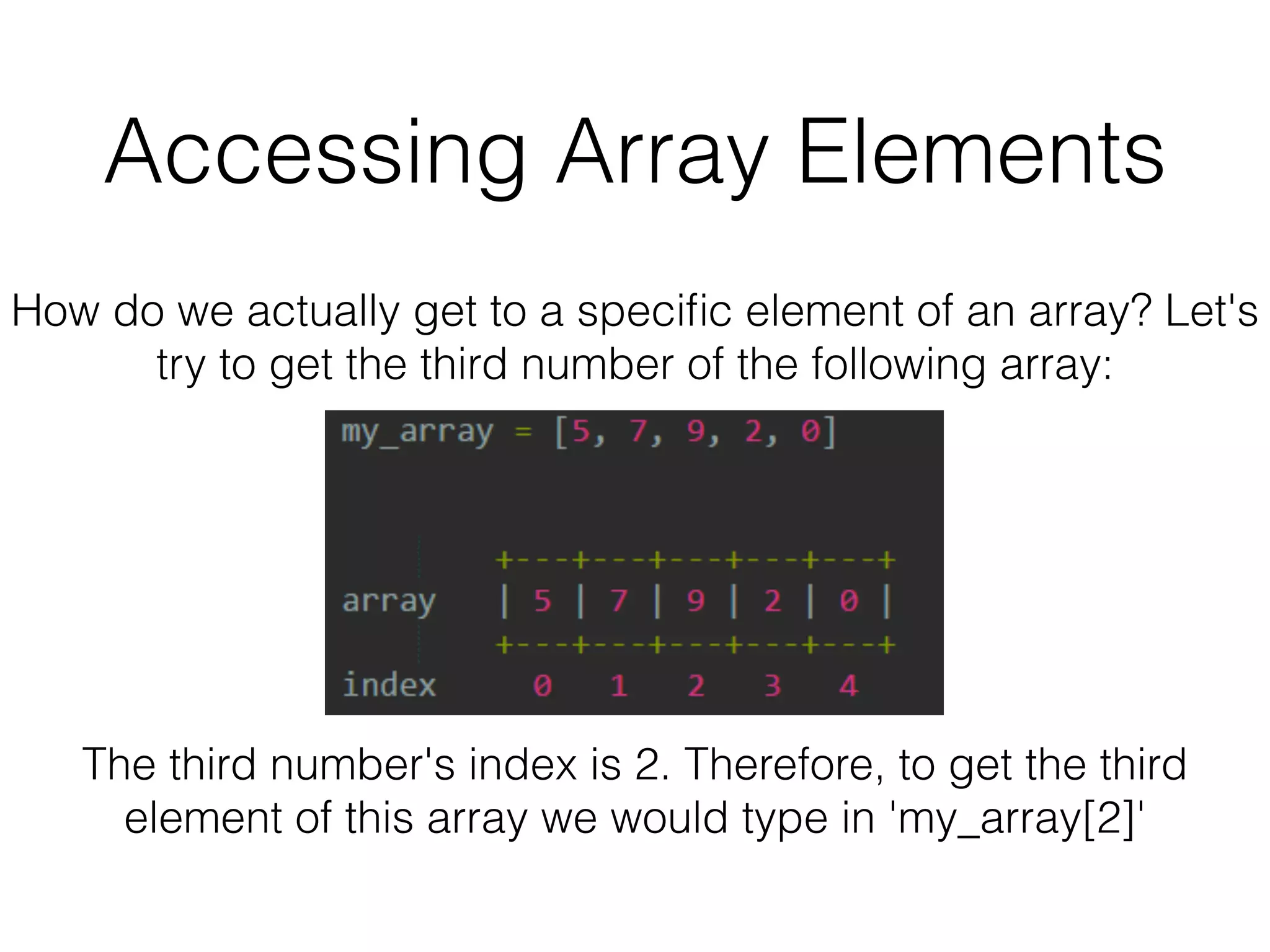 Accessing Array Elements 
How do we actually get to a specific element of an array? Let's 
try to get the third number of the following array: 
The third number's index is 2. Therefore, to get the third 
element of this array we would type in 'my_array[2]' 
 