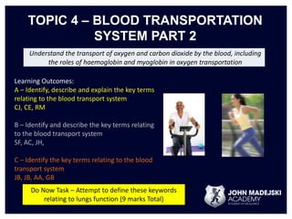 TOPIC 4 – BLOOD TRANSPORTATION 
SYSTEM PART 2 
Understand the transport of oxygen and carbon dioxide by the blood, including 
the roles of haemoglobin and myoglobin in oxygen transportation 
Learning Outcomes: 
A – Identify, describe and explain the key terms 
relating to the blood transport system 
CJ, CE, RM 
B – Identify and describe the key terms relating 
to the blood transport system 
SF, AC, JH, 
C – Identify the key terms relating to the blood 
transport system 
JB, JB, AA, GB 
Do Now Task – Attempt to define these keywords 
relating to lungs function (9 marks Total) 
 