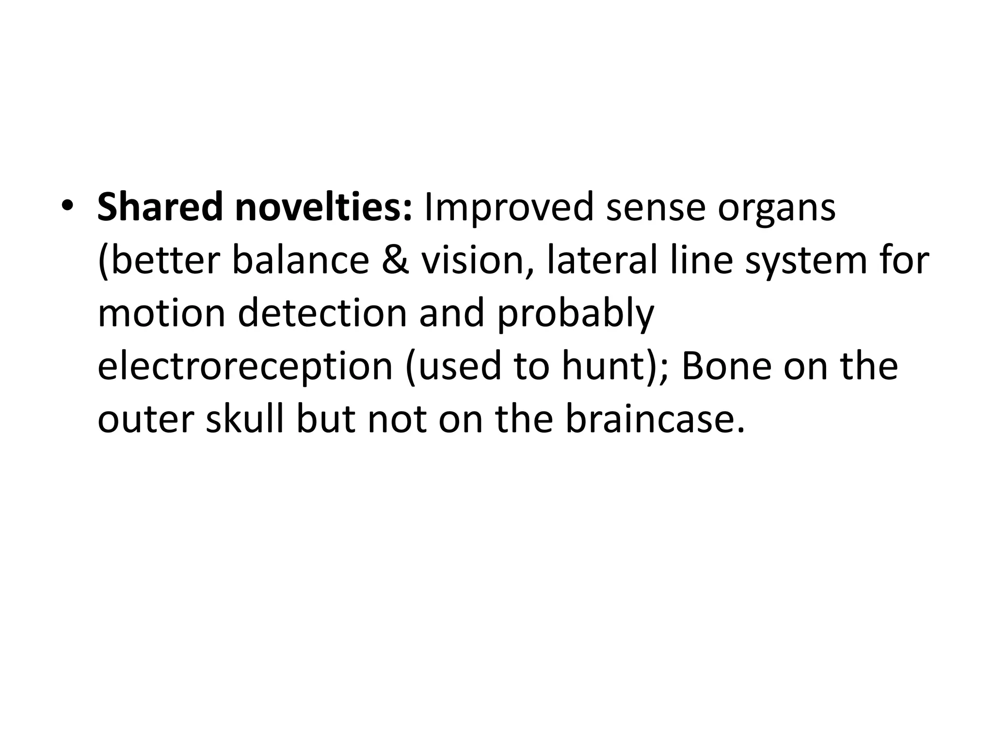 •Shared novelties: Improved sense organs (better balance & vision, lateral line system for motion detection and probably electroreception (used to hunt); Bone on the outer skull but not on the braincase.  