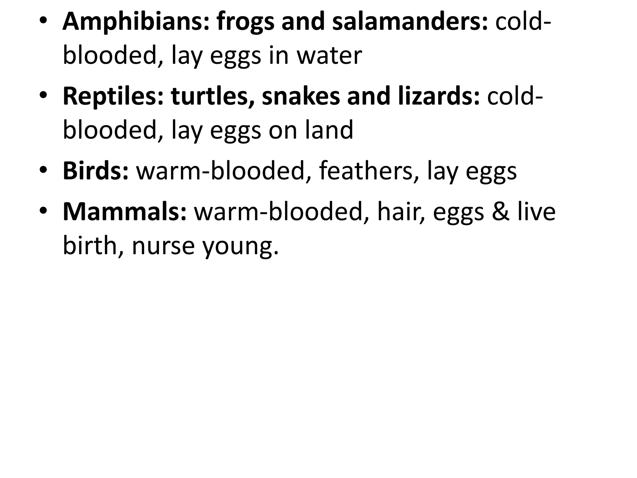 •Amphibians: frogs and salamanders: cold- blooded, lay eggs in water 
•Reptiles: turtles, snakes and lizards: cold- blooded, lay eggs on land 
•Birds: warm-blooded, feathers, lay eggs 
•Mammals: warm-blooded, hair, eggs & live birth, nurse young. 
 