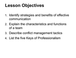 1. Identify strategies and benefits of effective
communication
2. Explain the characteristics and functions
of a team
3. Describe conflict management tactics
4. List the five Keys of Professionalism
Lesson Objectives
 