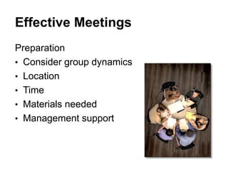 Effective Meetings
Preparation
• Consider group dynamics
• Location
• Time
• Materials needed
• Management support
 