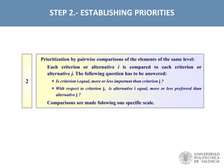 STEP 2.- ESTABLISHING PRIORITIES
Prioritization by pairwise comparisons of the elements of the same level:
Each criterion or alternative i is compared to each criterion or
alternative j. The following question has to be answered:
 Is criterion i equal, more or less important than criterion j ?
 With respect to criterion j, is alternative i equal, more or less preferred than
alternative j ?
Comparisons are made folowing one specific scale.
2
 