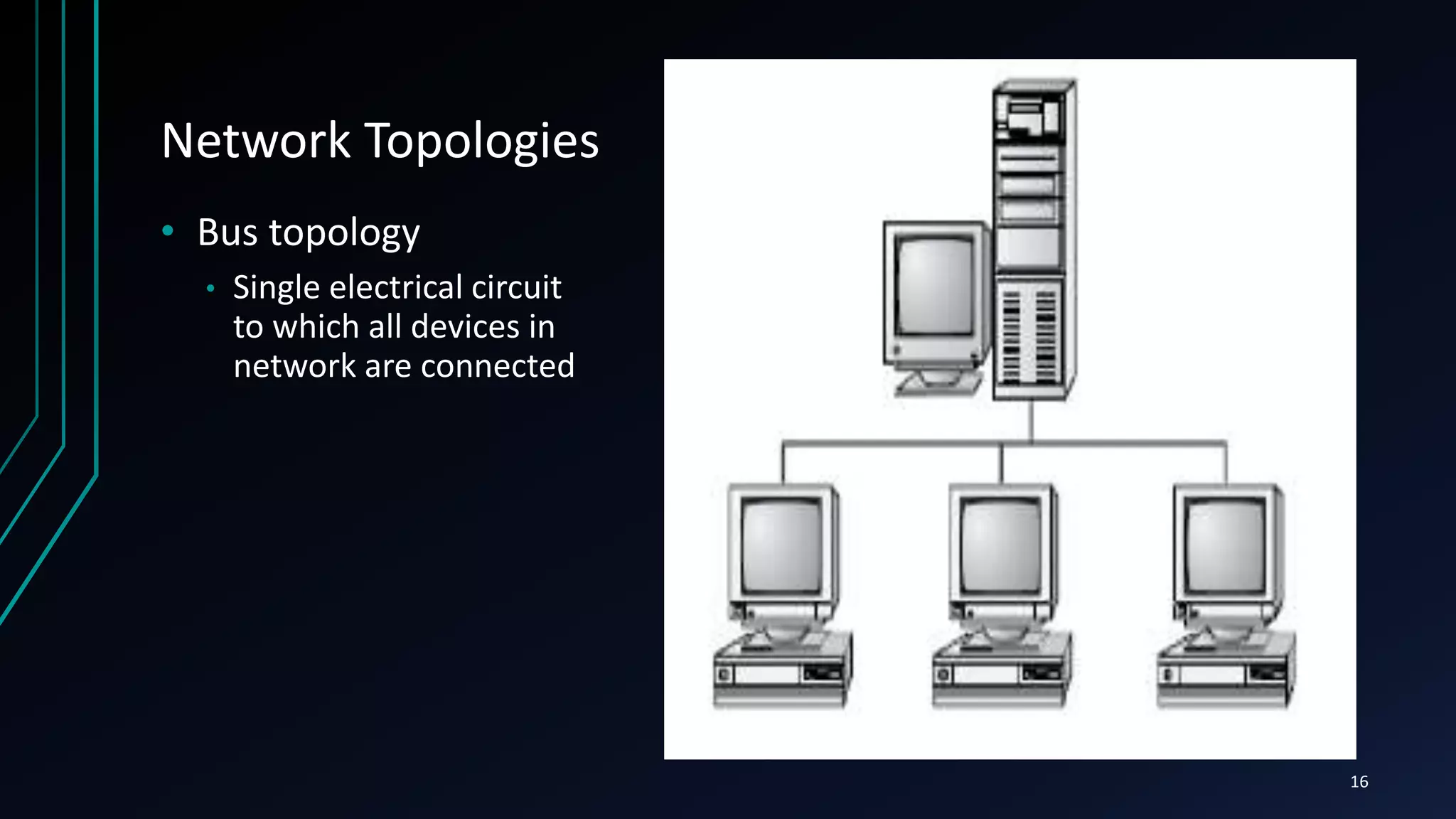 Network Topologies
• Bus topology
• Single electrical circuit
to which all devices in
network are connected
16
 