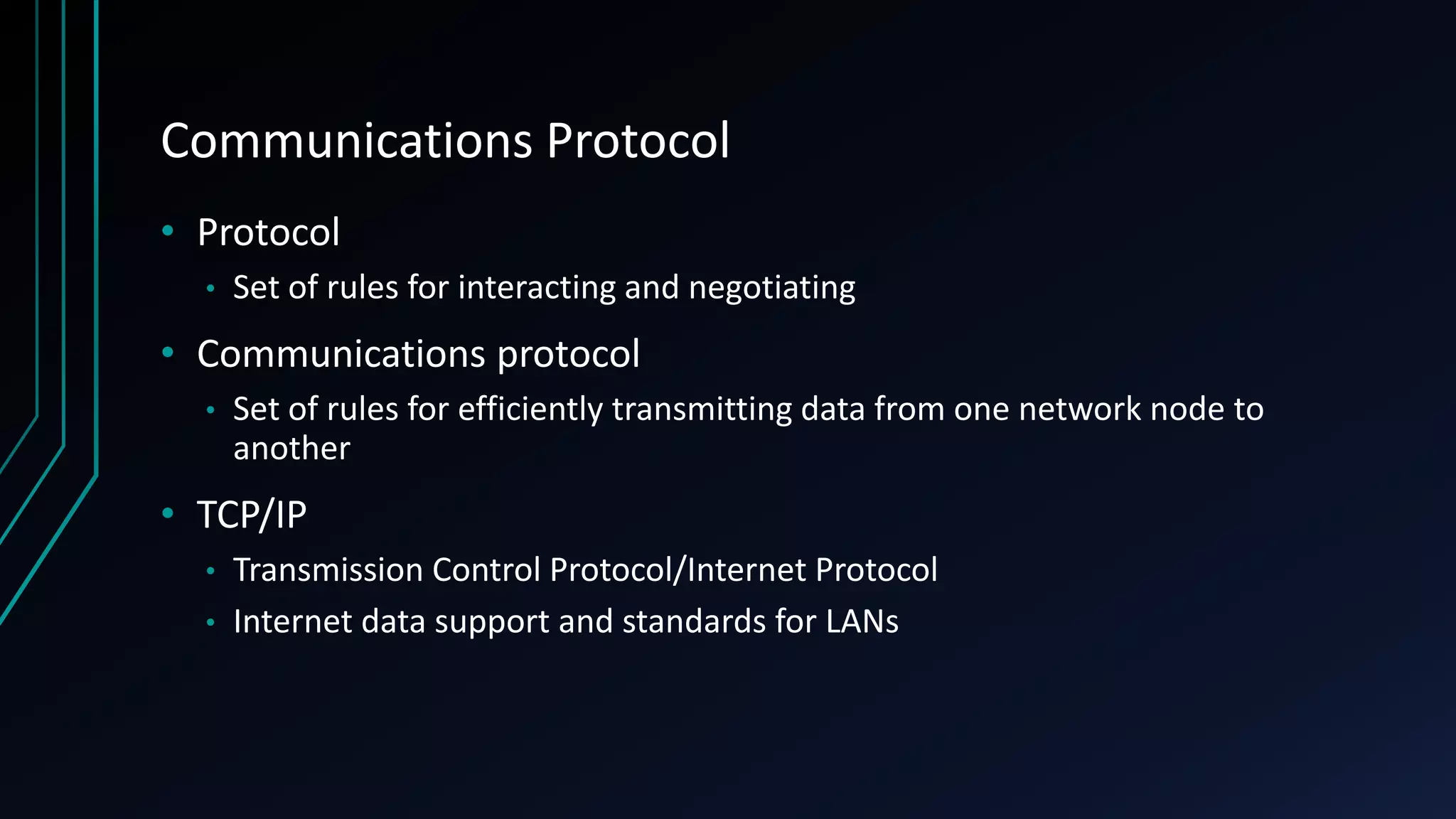 Communications Protocol
• Protocol
• Set of rules for interacting and negotiating
• Communications protocol
• Set of rules for efficiently transmitting data from one network node to
another
• TCP/IP
• Transmission Control Protocol/Internet Protocol
• Internet data support and standards for LANs
 