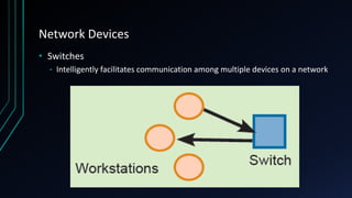 Network Devices
• Switches
• Intelligently facilitates communication among multiple devices on a network
 