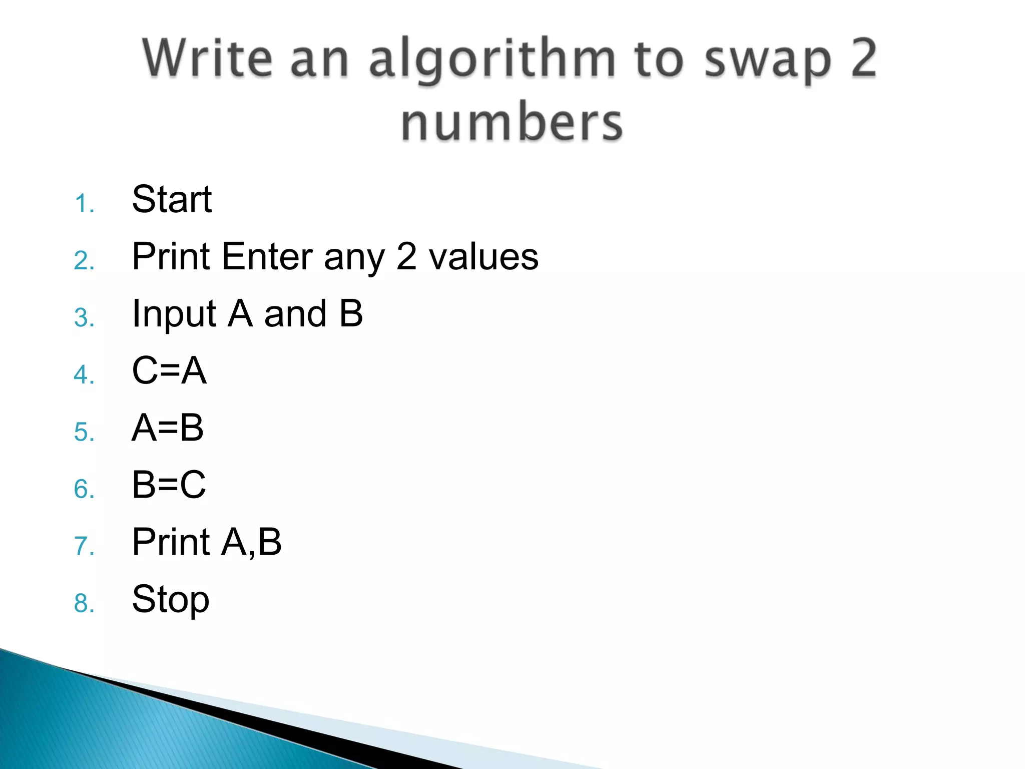 1. Start
2. Print Enter any 2 values
3. Input A and B
4. C=A
5. A=B
6. B=C
7. Print A,B
8. Stop
 
