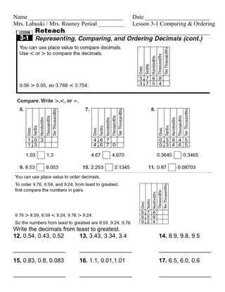 Lesson 3 1 comparing & ordering decimals