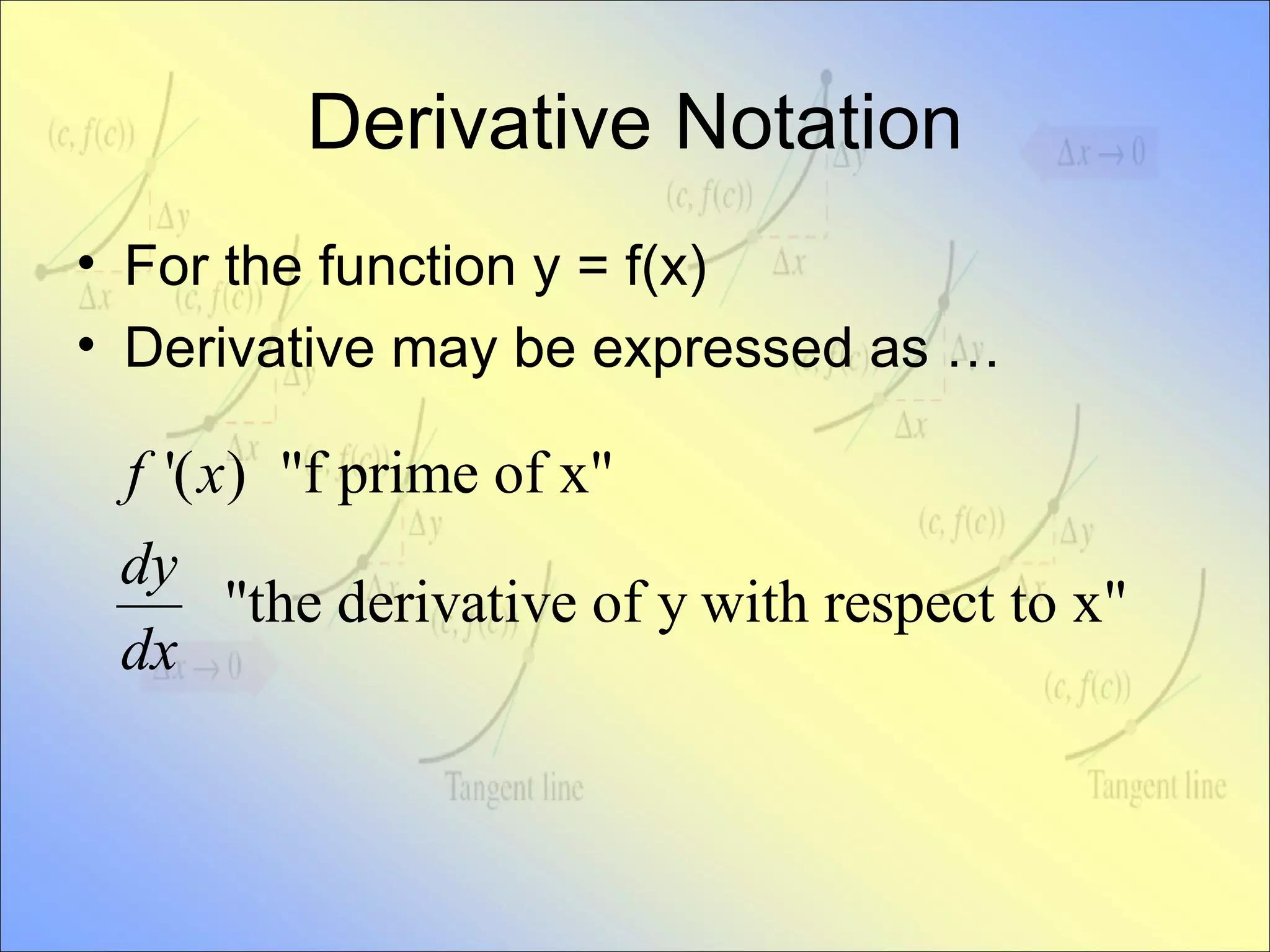Derivative Notation For the function y = f(x) Derivative may be expressed as … 