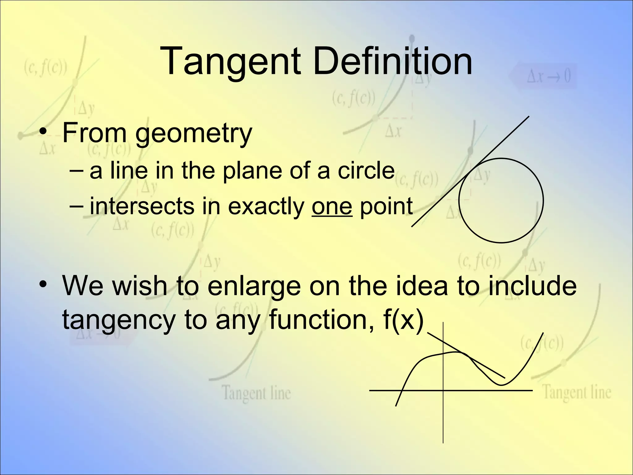 Tangent Definition From geometry a line in the plane of a circle intersects in exactly  one  point We wish to enlarge on the idea to include tangency to any function, f(x) 