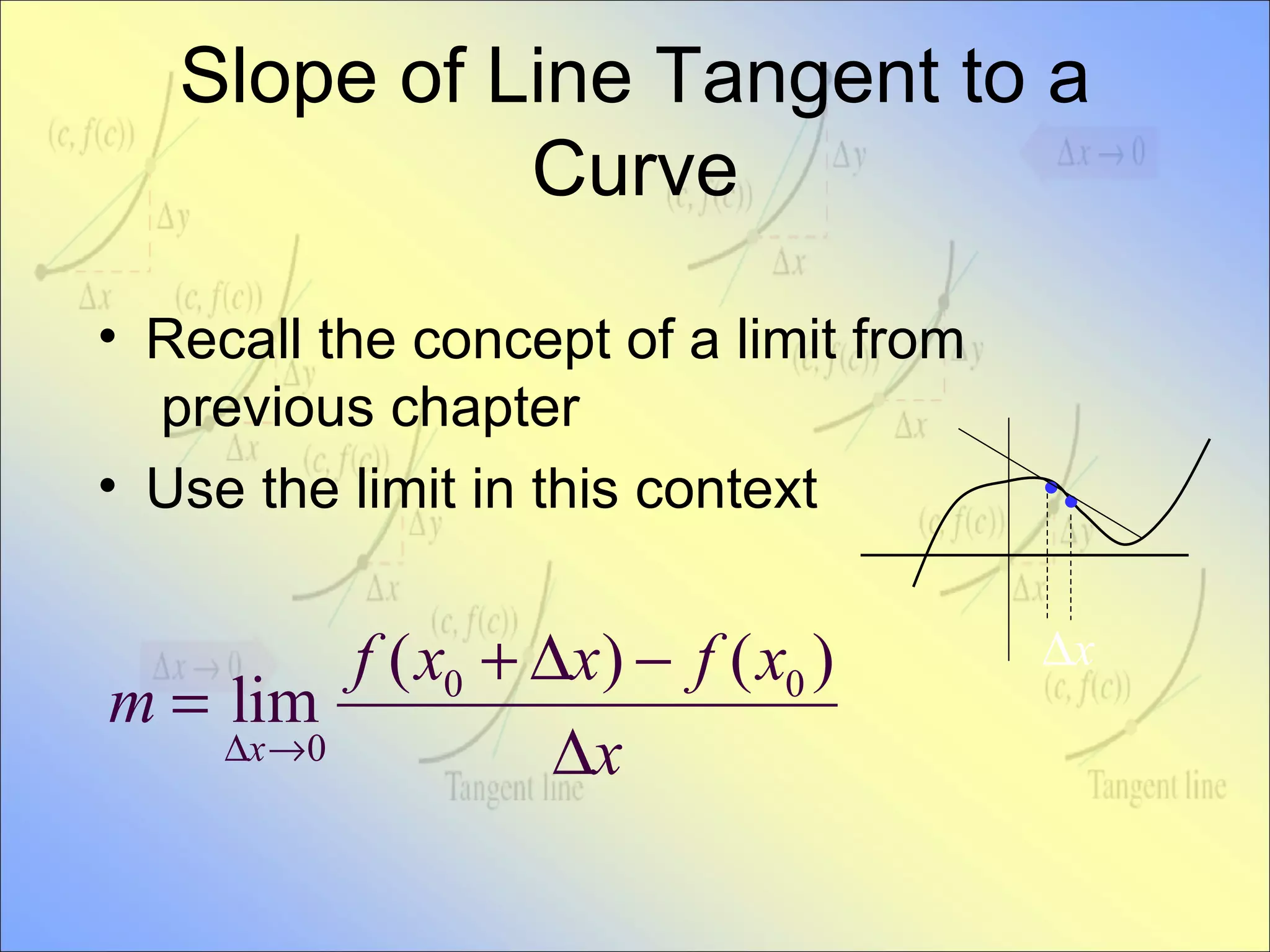Slope of Line Tangent to a Curve Recall the concept of a limit from  previous chapter Use the limit in this context • • 
