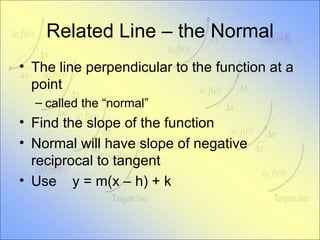 Related Line – the Normal The line perpendicular to the function at a point called the “normal” Find the slope of the function Normal will have slope of negative reciprocal to tangent Use  y = m(x – h) + k 