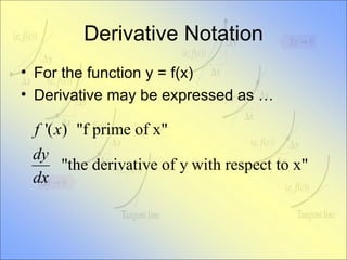 Derivative Notation For the function y = f(x) Derivative may be expressed as … 