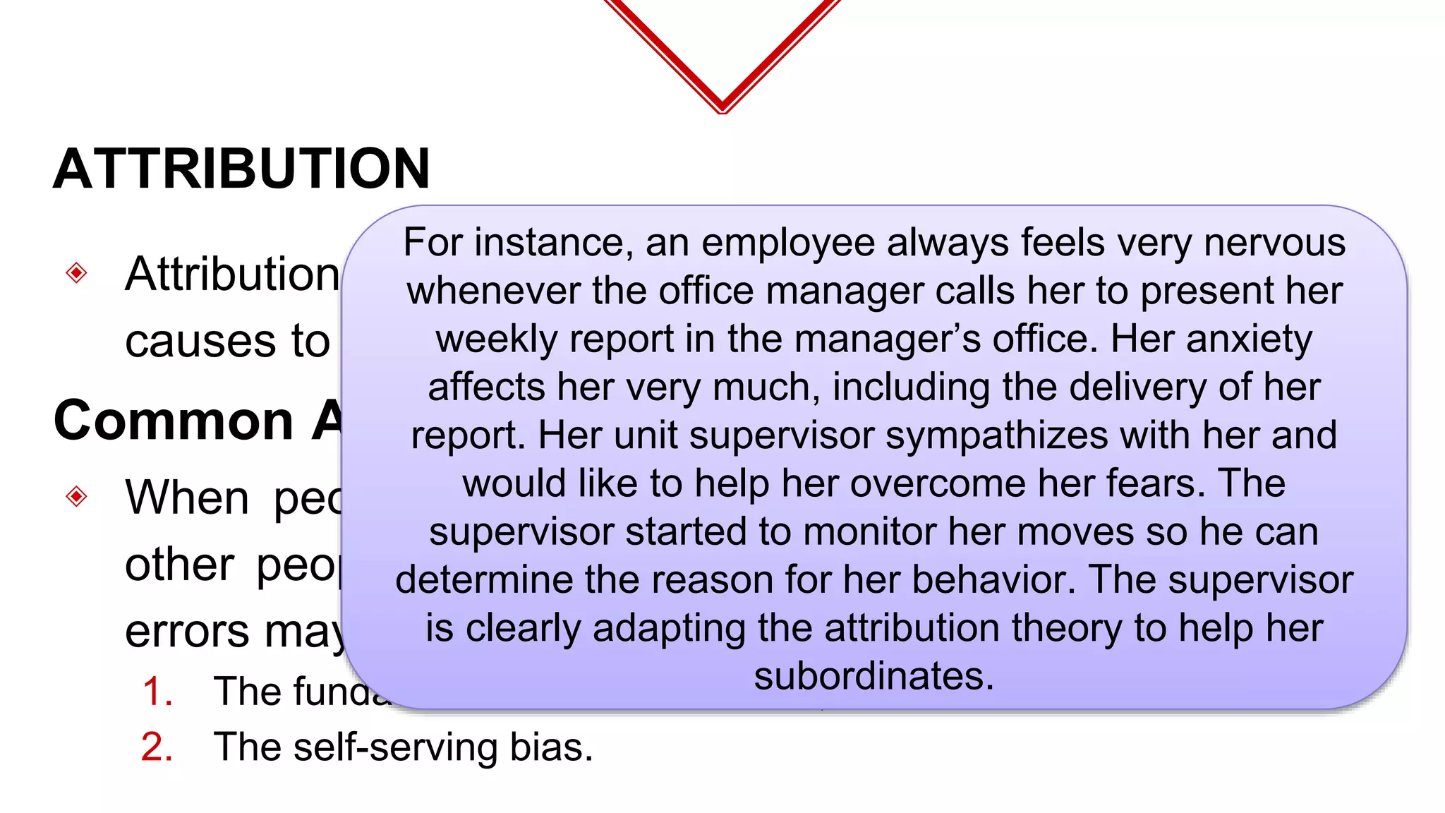 Common Attribution Errors
ATTRIBUTION
◈ Attribution Theory is the process by which people ascribe
causes to the behavior they perceive.**
◈ When people make attempts to determine the causes of
other people’s behavior, errors commonly happen. These
errors may be classified into the following types:
1. The fundamental attribution errors; and
2. The self-serving bias.
For instance, an employee always feels very nervous
whenever the office manager calls her to present her
weekly report in the manager’s office. Her anxiety
affects her very much, including the delivery of her
report. Her unit supervisor sympathizes with her and
would like to help her overcome her fears. The
supervisor started to monitor her moves so he can
determine the reason for her behavior. The supervisor
is clearly adapting the attribution theory to help her
subordinates.
 