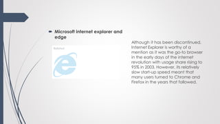  Microsoft internet explorer and
edge
Although it has been discontinued,
Internet Explorer is worthy of a
mention as it w...