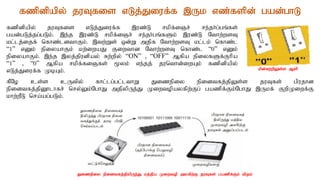 fzpdpapy; juTfis vLj;Jiuf;f ,Uk vz;fspd; gad;ghL
fPNo cs;s cUtpy; fhl;lg;gl;lthW Jizepiy epidtfj;jpYs;s juTfs; gpujhd
epidtfj;jpD}lhfr; nry;Yk;NghJ mjpypUe;J Kiwtopayfpw;Fg; gazpf;Fk;NghJ ,Ukf; FwpKiwf;F
khw;wPL nra;ag;gLk;.
fzpdpapy; juTfis vLj;Jiuf;f ,uz;L rkpf;iQr; re;jh;g;gq;fs;
gad;gLj;jg;gLk;. ,e;j ,uz;L rkpf;iQr; re;jh;gq;fSk; ,uz;L Nthw;wsT
kl;lj;ijf; nfhz;ldthFk;. ,tw;Ws; xd;W mjpf Nthw;wsT kl;lk; nfhz;l
“1” vDk; epiyahFk; kw;iwaJ Fiwthd Nthw;wsT nfhz;l “0” vDk;
epiyahFk;. ,e;j ,yj;jpudpay; Rw;wpy; “ON” , “OFF” Mfpa epiyfSf;Fhpa
“1” , “0” Mfpa rkpf;fiQfs; %yk; ve;jj; junthd;iwAk; fzpdpapy;
vLj;Jiuf;f KbAk;.
Jizepiy epidtfj;jpypUe;J kj;jpa Kiwtop myfpw;F juTfs; gazpf;Fk; tpjk;
kpd;Rw;wpYs;s Msp
 