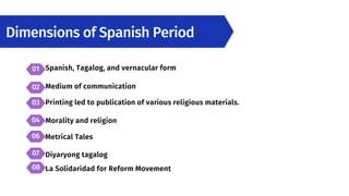 01 Spanish, Tagalog, and vernacular form
02 Medium of communication
03 Printing led to publication of various religious materials.
04 Morality and religion
06 Metrical Tales
Dimensions of Spanish Period
Diyaryong tagalog
La Solidaridad for Reform Movement
07
08
 