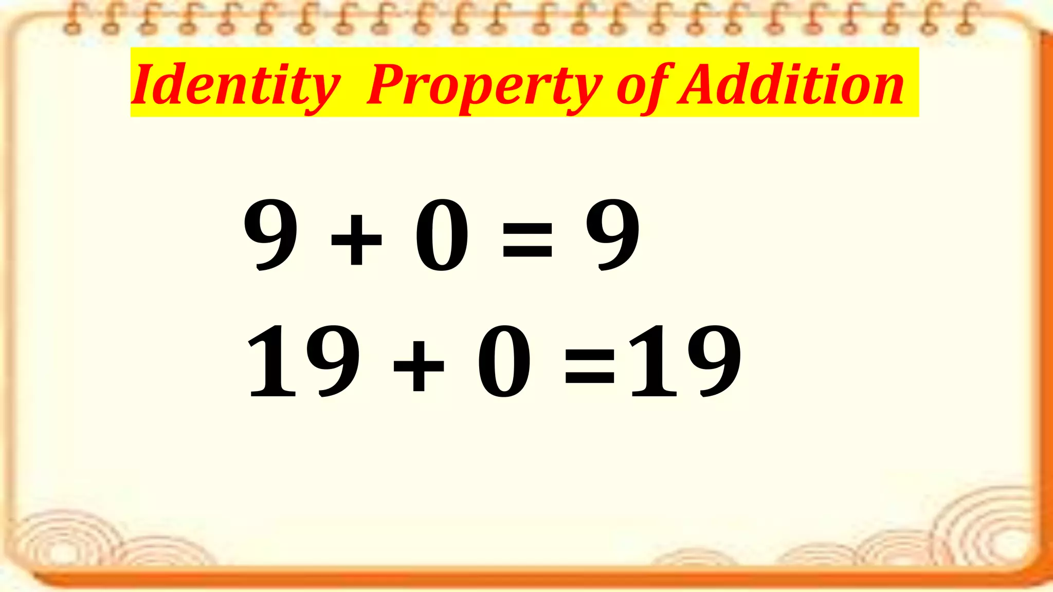9 + 0 = 9
19 + 0 =19
Identity Property of Addition
 