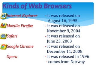 Kinds of Web Browsers
Internet Explorer - it was released on
August 16, 1995
Mozilla Firefox - it was released on
November 9, 2004
Safari - it was released on
June 23, 2003
Google Chrome - it was released on
December 11, 2008
Opera - it was released in 1996
- comes from Norway
 