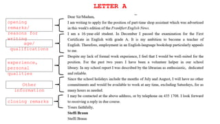 opening
remarks/
reasons for
writing
experience,
personal
qualities
age/
qualifications
closing remarks
Other
information
LETTER A
 
