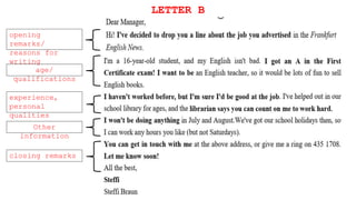 opening
remarks/
reasons for
writing
experience,
personal
qualities
age/
qualifications
closing remarks
Other
information
LETTER B
 