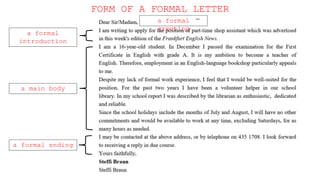 a formal
introduction
a main body
a formal
greeting
a formal ending
FORM OF A FORMAL LETTER
 