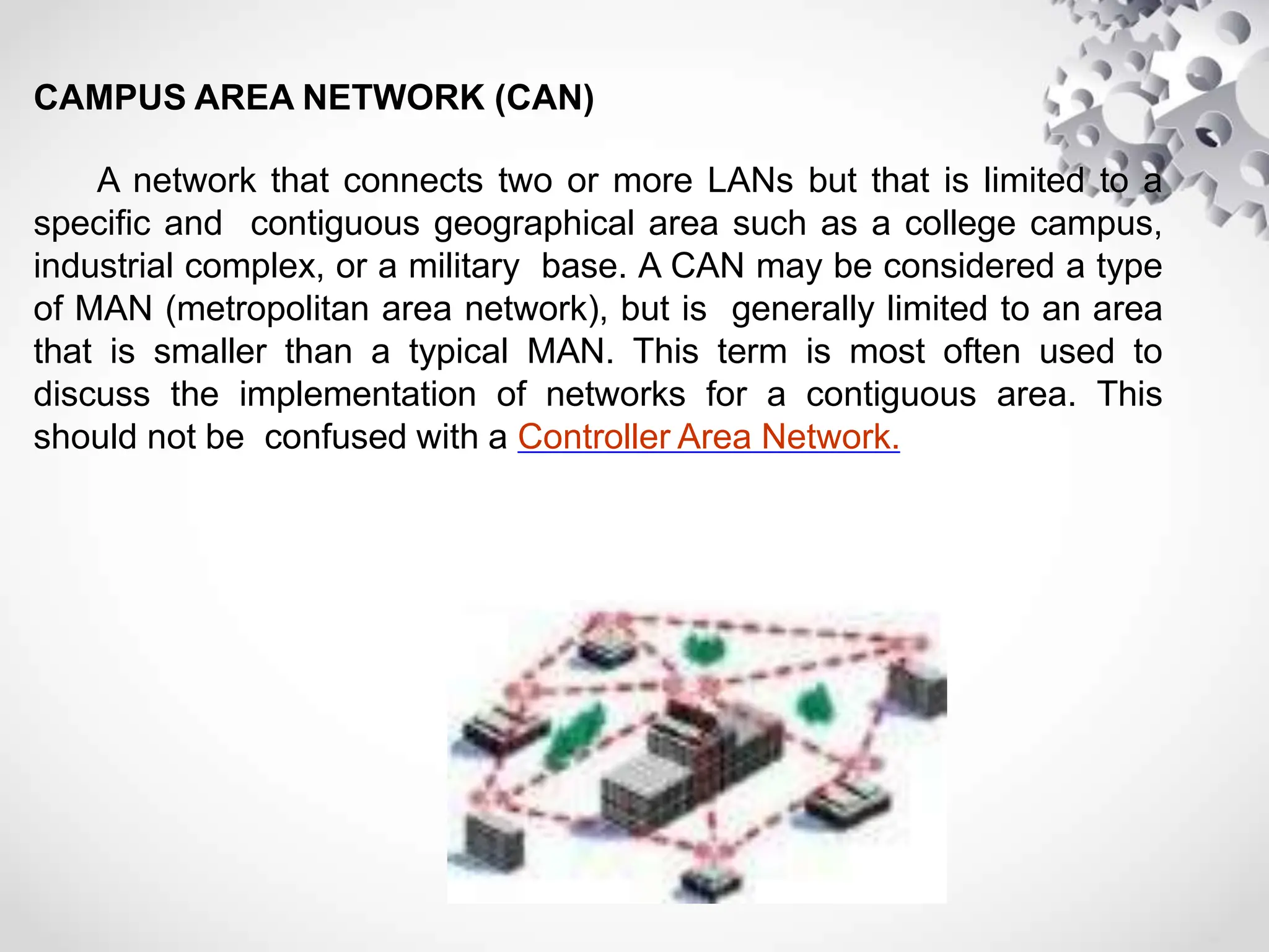 CAMPUS AREA NETWORK (CAN)
A network that connects two or more LANs but that is limited to a
specific and contiguous geographical area such as a college campus,
industrial complex, or a military base. A CAN may be considered a type
of MAN (metropolitan area network), but is generally limited to an area
that is smaller than a typical MAN. This term is most often used to
discuss the implementation of networks for a contiguous area. This
should not be confused with a Controller Area Network.
 