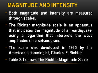 MAGNITUDE AND INTENSITY
• Both magnitude and intensity are measured
through scales.
• The Richter magnitude scale is an apparatus
that indicates the magnitude of an earthquake,
using a logarithm that interprets the wave
amplitudes on a seismogram.
• The scale was developed in 1935 by the
American seismologist, Charles F. Richter.
• Table 3.1 shows The Richter Magnitude Scale
 