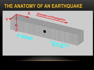 THE ANATOMY OF AN EARTHQUAKE
• The primary waves, or P waves, travel
faster than the other and are felt first
after the shaking of the ground begins.
• P waves generally move in a horizontal
motion, compressing and extending the
rocks backwards and forwards.
 
