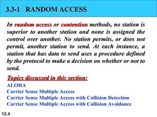 12.4
3.3-1 RANDOM ACCESS
3.3-1 RANDOM ACCESS
In
In random access
random access or
or contention
contention methods, no station is
methods, no station is
superior to another station and none is assigned the
superior to another station and none is assigned the
control over another. No station permits, or does not
control over another. No station permits, or does not
permit, another station to send. At each instance, a
permit, another station to send. At each instance, a
station that has data to send uses a procedure defined
station that has data to send uses a procedure defined
by the protocol to make a decision on whether or not to
by the protocol to make a decision on whether or not to
send.
send.
ALOHA
Carrier Sense Multiple Access
Carrier Sense Multiple Access with Collision Detection
Carrier Sense Multiple Access with Collision Avoidance
Topics discussed in this section:
Topics discussed in this section:
 
