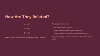How Are They Related?
Where r is the radius from the pivot point or axis of rotation.
These equations connect:
• Arc length (s) with angle (θ)
• Linear velocity (v) with angular velocity (ω)
• Linear acceleration (a) with angular acceleration (α)
Remember: angles must be in radians for these formulas to
work!
 