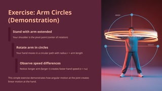 Exercise: Arm Circles
(Demonstration)
Stand with arm extended
Your shoulder is the pivot point (center of rotation)
Rotate arm in circles
Your hand moves in a circular path with radius r = arm length
Observe speed differences
Notice: longer arm (larger r) creates faster hand speed (v = rω)
This simple exercise demonstrates how angular motion at the joint creates
linear motion at the hand.
 