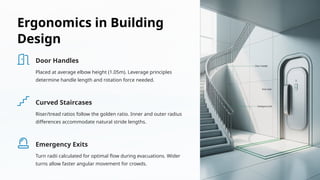 Ergonomics in Building
Design
Door Handles
Placed at average elbow height (1.05m). Leverage principles
determine handle length and rotation force needed.
Curved Staircases
Riser/tread ratios follow the golden ratio. Inner and outer radius
differences accommodate natural stride lengths.
Emergency Exits
Turn radii calculated for optimal flow during evacuations. Wider
turns allow faster angular movement for crowds.
 