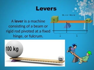 Levers
A lever is a machine
consisting of a beam or
rigid rod pivoted at a fixed
hinge, or fulcrum.
 