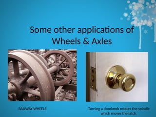Some other applications of
Wheels & Axles
Turning a doorknob rotates the spindle
which moves the latch.
RAILWAY WHEELS
 