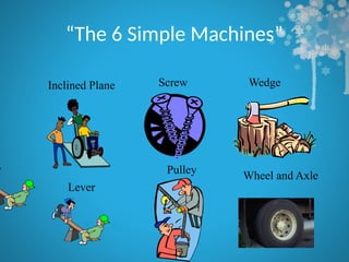 “The 6 Simple Machines”
Lever
Pulley Wheel and Axle
Wedge
Screw
Inclined Plane
 