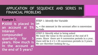 APPLICATION OF SEQUENCE AND SERIES IN
FINANCIAL PROBLEMS
Example 3.
₱3000 is placed in
an account at 5%
interest
compounded
quarterly for 5
years. How much is
in the account at
the end of 5 years?
 