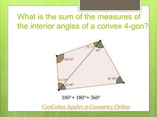 What is the sum of the measures of
the interior angles of a convex 4-gon?
180+ 180= 360
GeoGebra Applet at Geometry Online
 