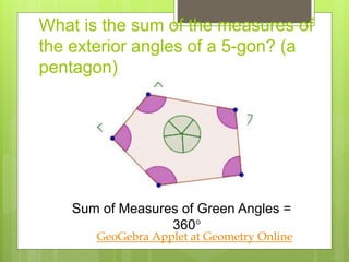 What is the sum of the measures of
the exterior angles of a 5-gon? (a
pentagon)
GeoGebra Applet at Geometry Online
Sum of Measures of Green Angles =
360
 