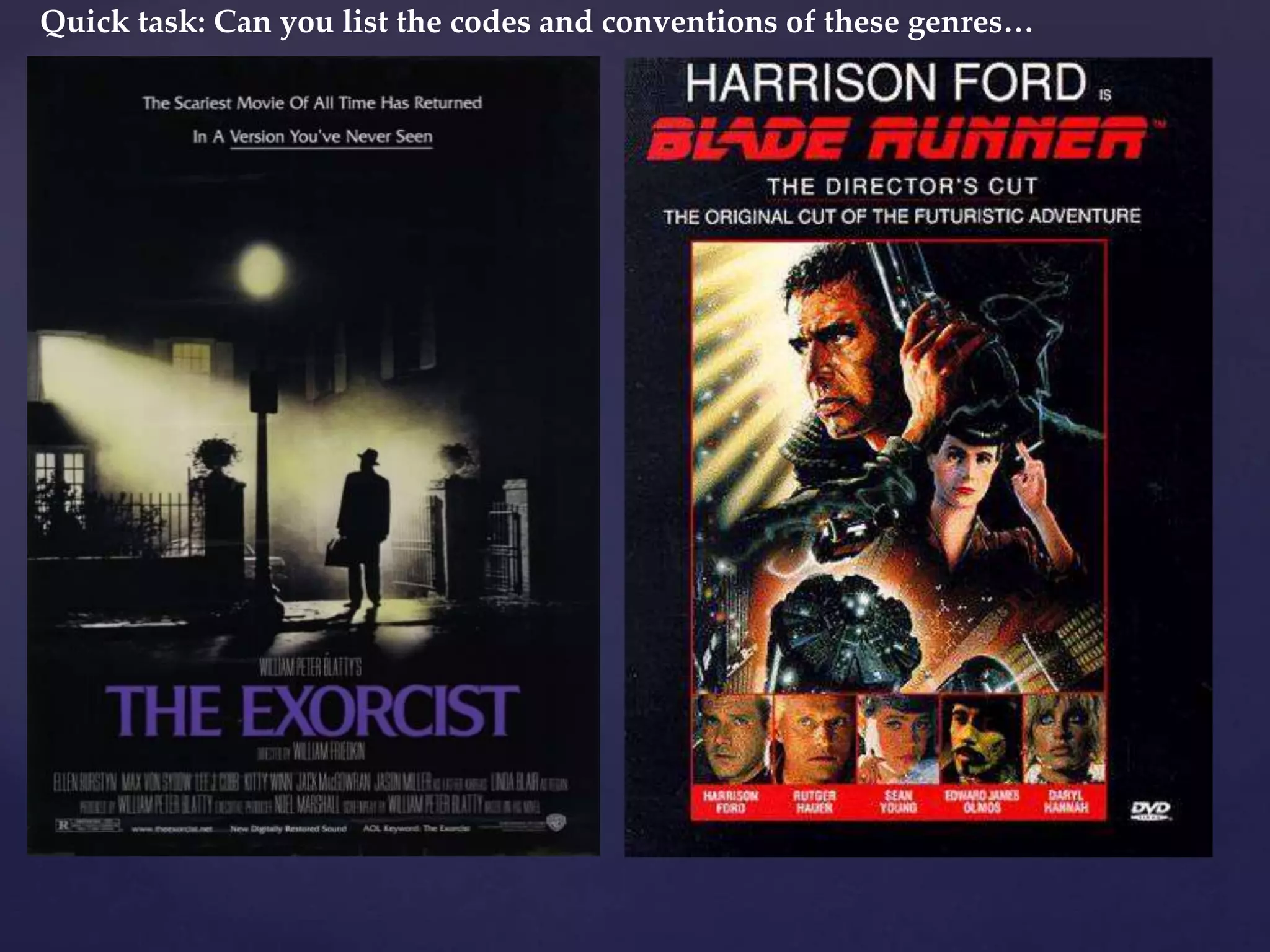 Quick task: Can you list the codes and conventions of these genres…
 