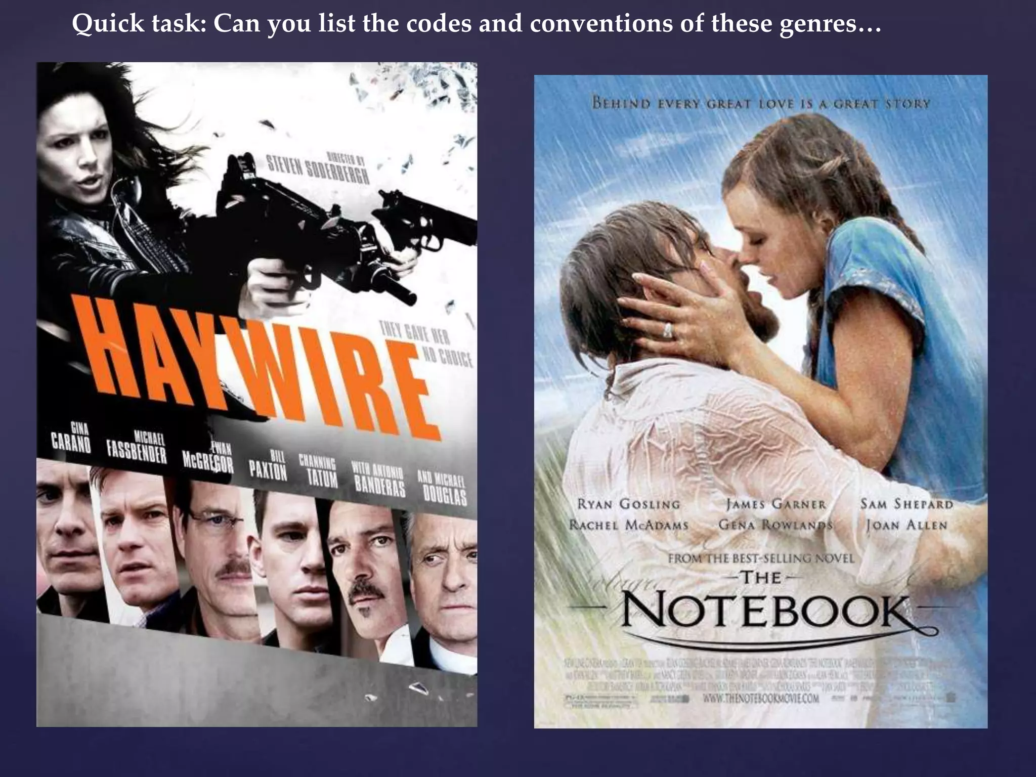 Quick task: Can you list the codes and conventions of these genres…
 