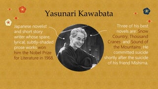 Yasunari Kawabata
Japanese novelist
and short story
writer whose spare,
lyrical, subtly-shaded
prose works won
him the Nobel Prize
for Literature in 1968.
Three of his best
novels are: Snow
Country, Thousand
Cranes, and Sound of
the Mountains. He
committed suicide
shortly after the suicide
of his friend Mishima.
 