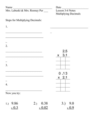 Lesson 3 6 multiplying decimals