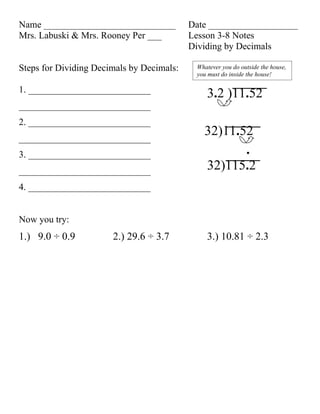 Lesson 3 8 dividing decimals by decimals