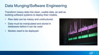 17
Data Munging/Software Engineering
Transform messy data into clean, usable data, as well as
building software systems to deploy their models.
• Raw data can be messy and unstructured.
• Data must be manipulated and stored in
databases before it can be used.
• Models need to be deployed.
 