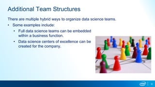32
Additional Team Structures
There are multiple hybrid ways to organize data science teams.
• Some examples include:
• Full data science teams can be embedded
within a business function.
• Data science centers of excellence can be
created for the company.
 