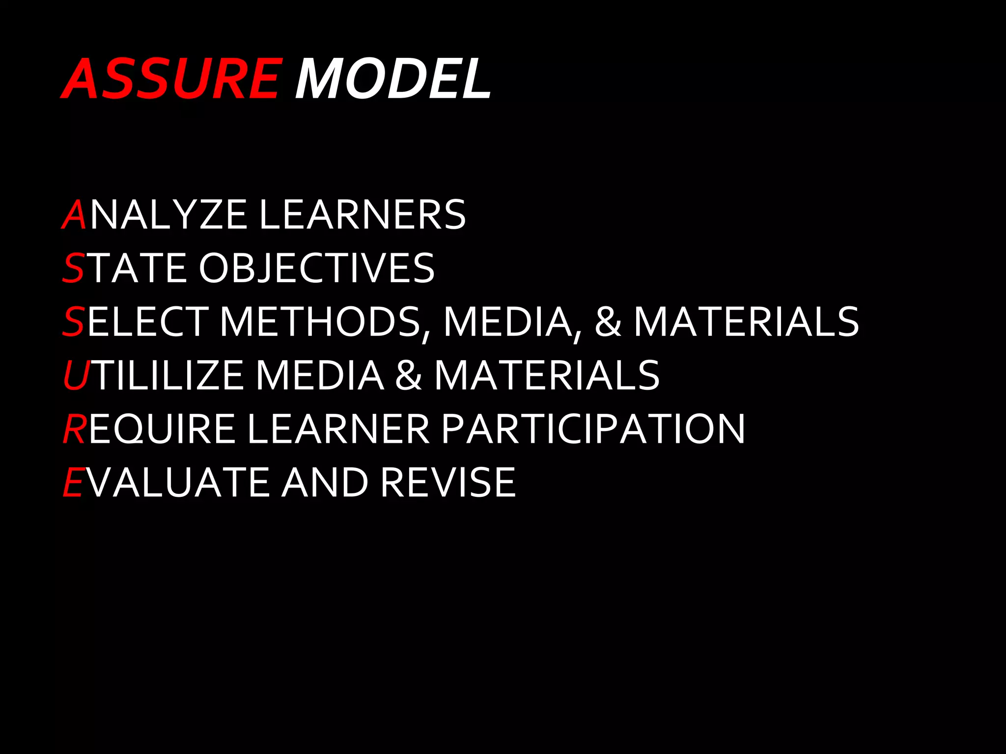 ASSURE MODEL 
ANALYZE LEARNERS 
STATE OBJECTIVES 
SELECT METHODS, MEDIA, & MATERIALS 
UTILILIZE MEDIA & MATERIALS 
REQUIRE LEARNER PARTICIPATION 
EVALUATE AND REVISE 
 