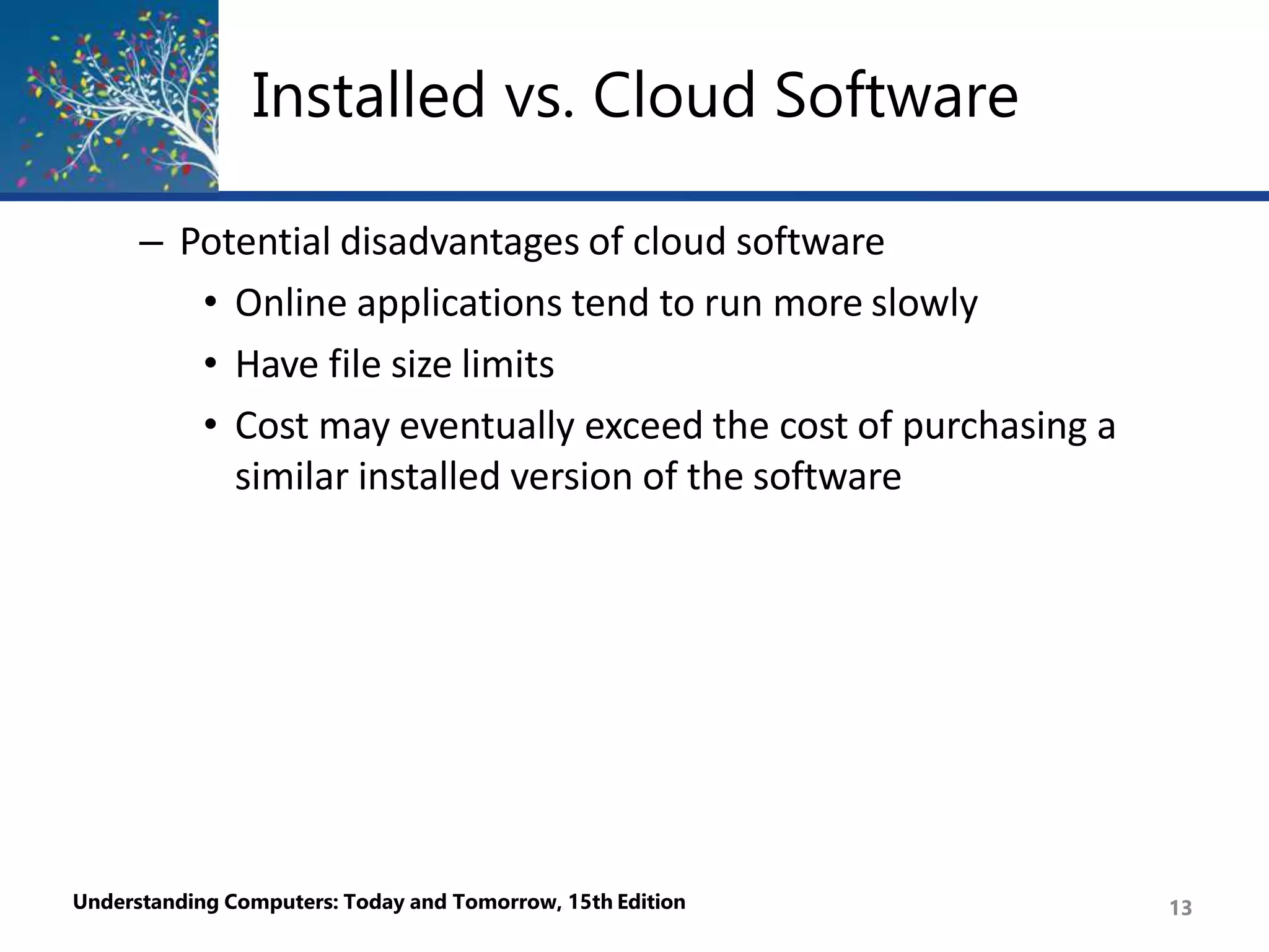 Installed vs. Cloud Software
Understanding Computers: Today and Tomorrow, 15th Edition 13
– Potential disadvantages of cloud software
• Online applications tend to run more slowly
• Have file size limits
• Cost may eventually exceed the cost of purchasing a
similar installed version of the software
 