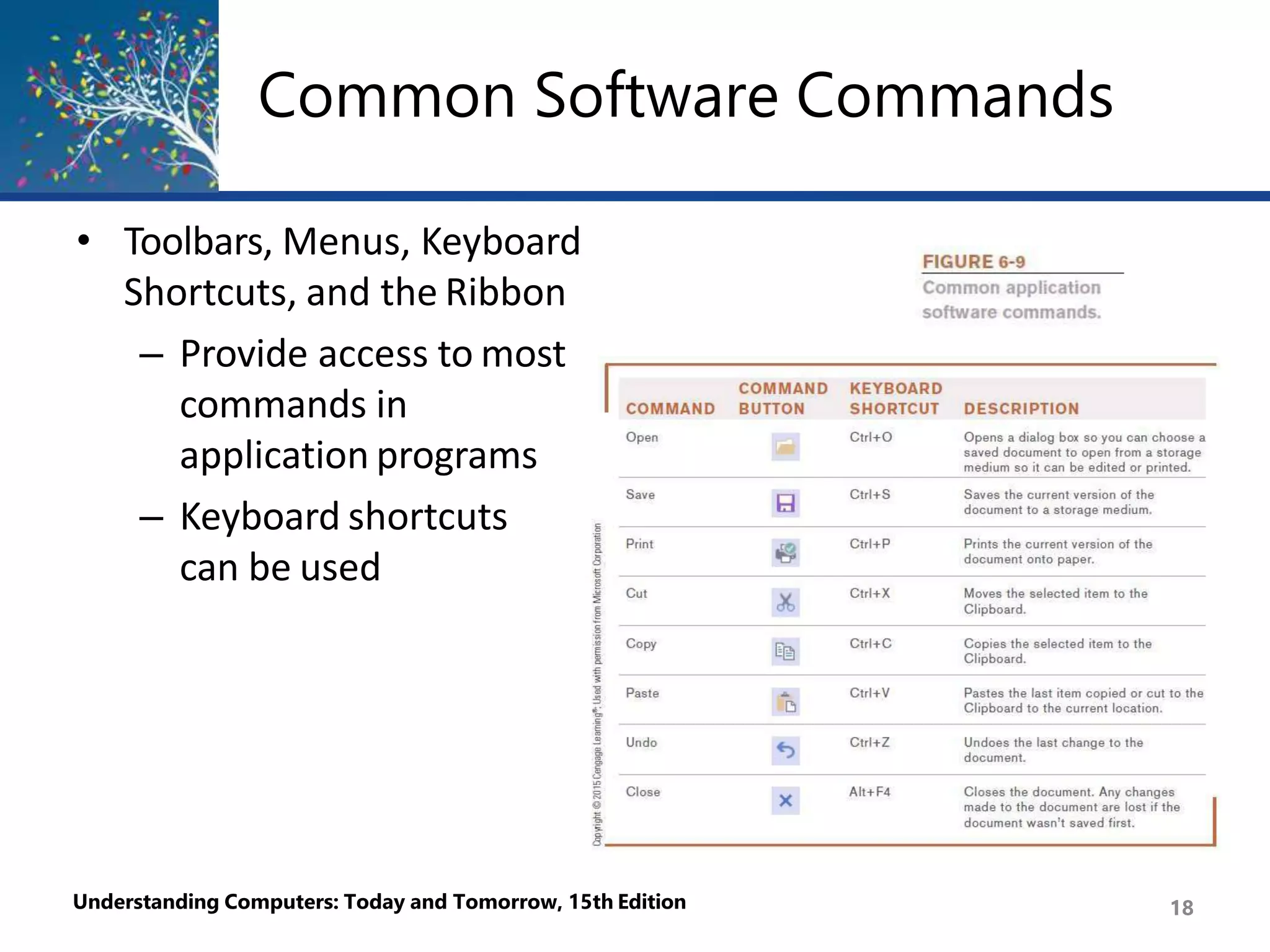 Common Software Commands
• Toolbars, Menus, Keyboard
Shortcuts, and the Ribbon
– Provide access to most
commands in
application programs
– Keyboard shortcuts
can be used
Understanding Computers: Today and Tomorrow, 15th Edition 18
 