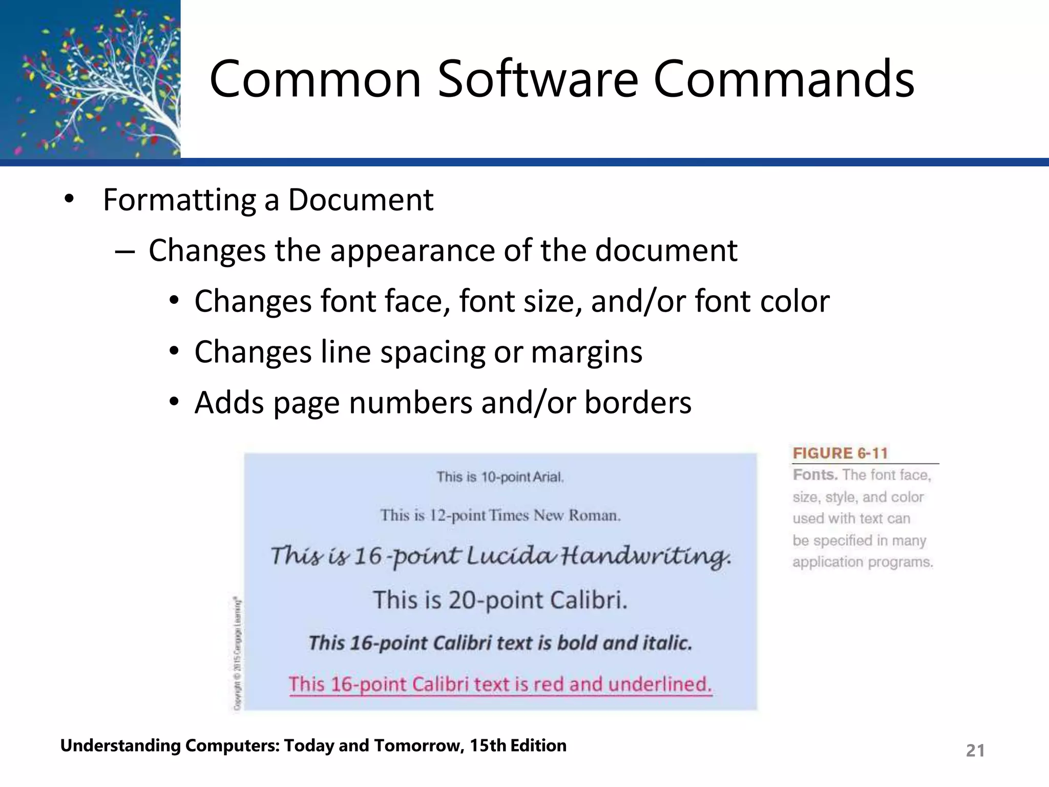 Common Software Commands
• Formatting a Document
– Changes the appearance of the document
• Changes font face, font size, and/or font color
• Changes line spacing or margins
• Adds page numbers and/or borders
Understanding Computers: Today and Tomorrow, 15th Edition 21
 
